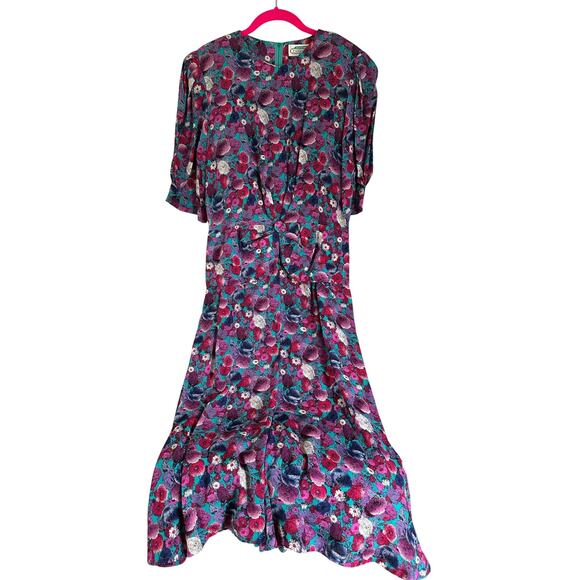 Vintage 1980s Jane Schaffhausen Belle France Prairie Style Teal Floral Dress 10 - Picture 6 of 8